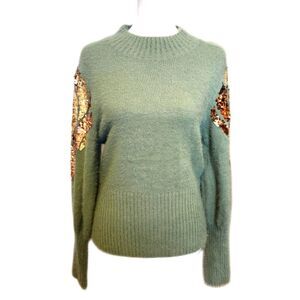 Listicle NWT sage green sweater, eyelash knit, sequined puff sleeve, mock neck M